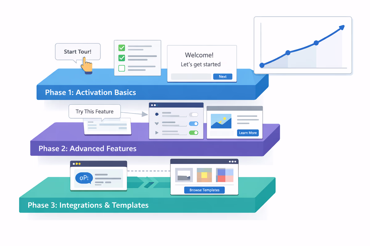 Phased onboarding layers from activation to advanced adoption