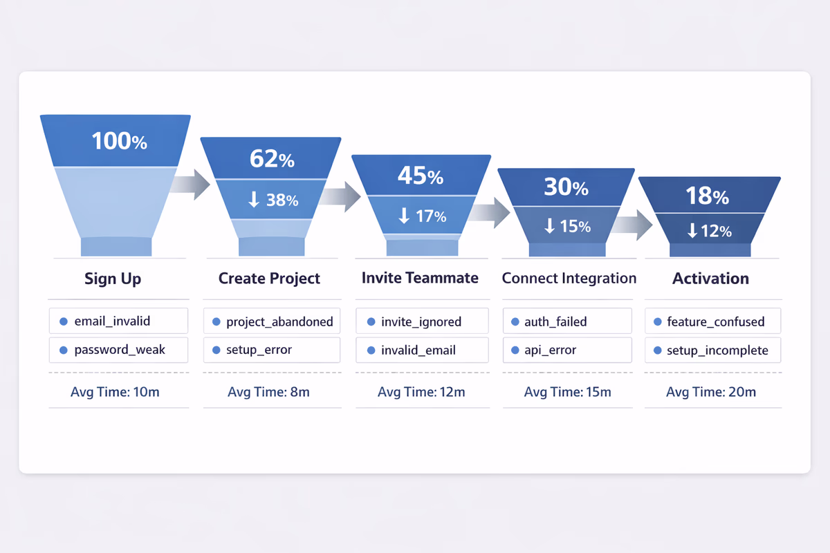 Funnel with drop-offs, failure reasons, and time between steps
